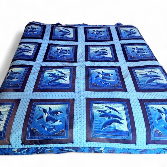 Handmade Full Size Reversible Comforter Blanket Orca Whale Dolphin Bedding Blue - Picture 4 of 10